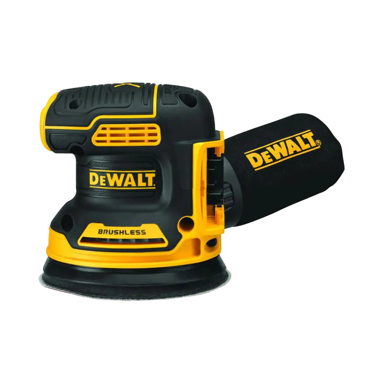 The Go Build 20V MAX XR Cordless Brushless 5 in. Random Orbital Sander (Tool-Only) features a dust collection bag and comes in black and yellow.